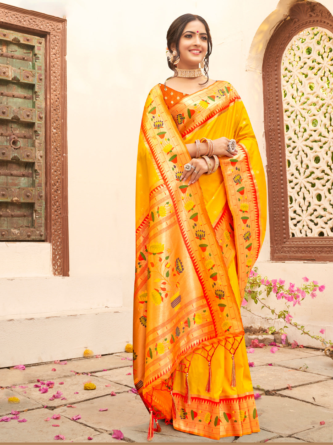 Anaita Yellow Silk Saree With Blouse Piece - Distacart
