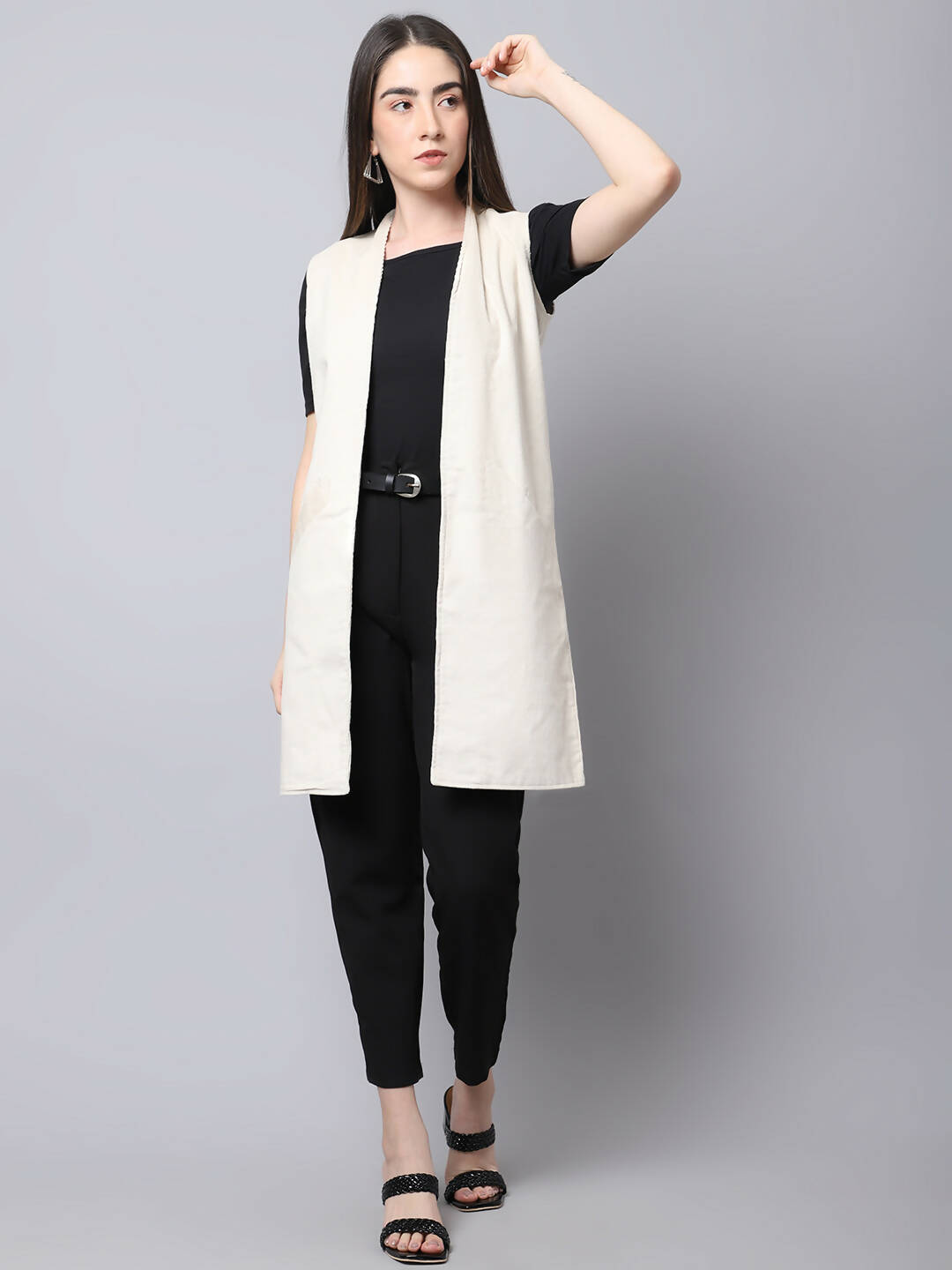 Even Apparels White Polywool Open Front Corduroy Women's Long Coat