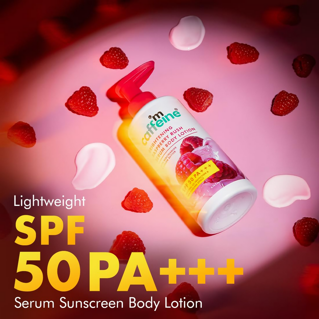 mcaffeine All Skin Brightening SPF 50 PA+++ Sunscreen Body Lotion & Wash Raspberry Combo Kit