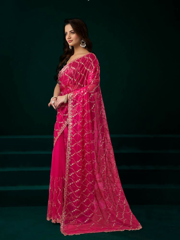 Joban Fashion Rani Pink Net Party Wear Sarees - Distacart