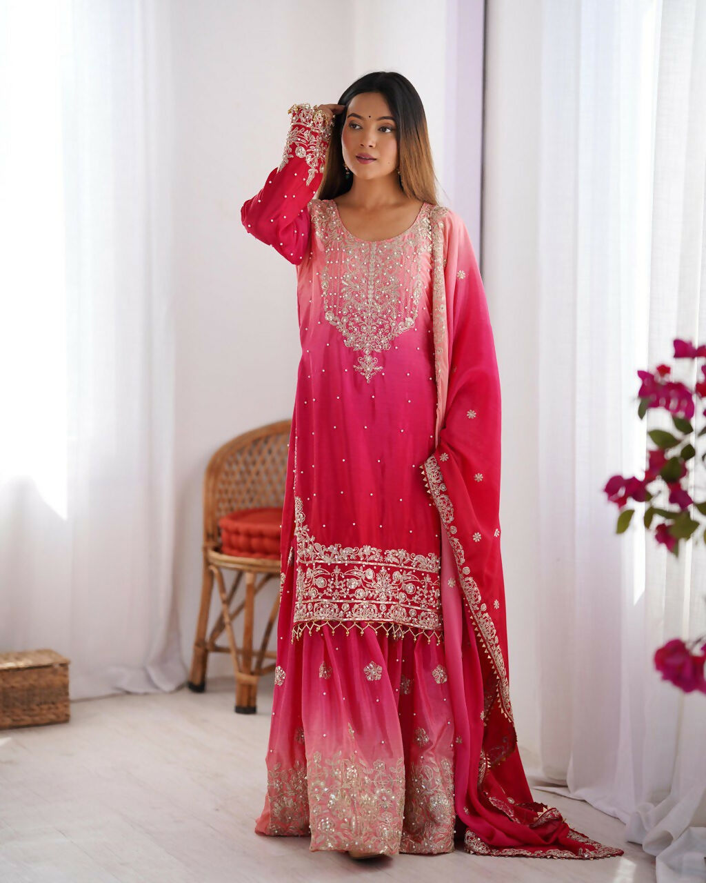 The52 Women's Beautiful Chinon silk Fabric Embroidery Work Straight Kurta Palazzo and Dupatta Set - Distacart