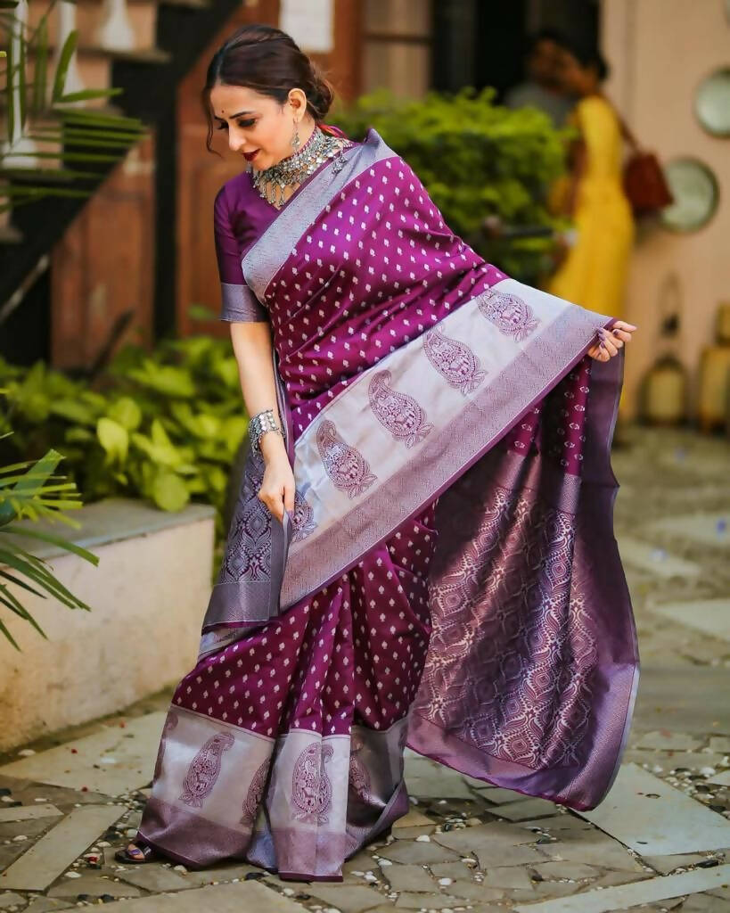 DEIANA'S Beautiful Designer Golden zari Soft Lichi Silk Saree - Wine