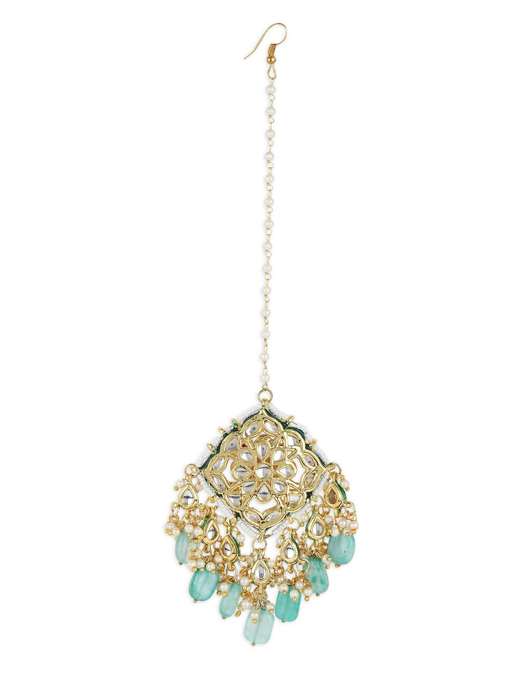 White Blue Gold-Plated Kundan-Studded Beaded Maang Tikka - Ruby Raang - Distacart