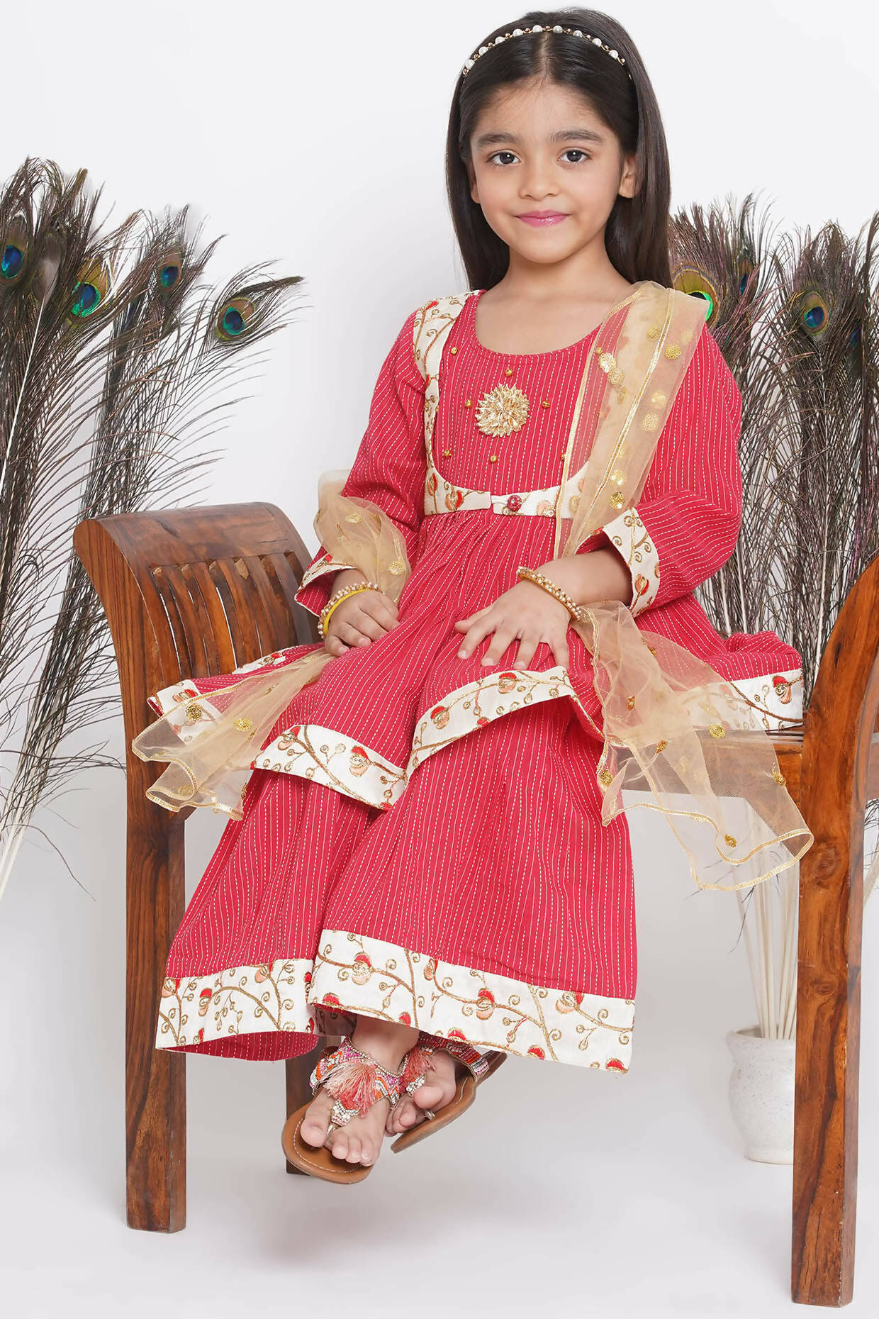 Little Bansi Floral Embroidery Jacket With Cotton Kantha Frock Sharara And Dupatta With Ghungroo Handwork - Red