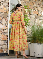 Kaajh Women's Mustard Printed Cotton Handblock Dress - Distacart