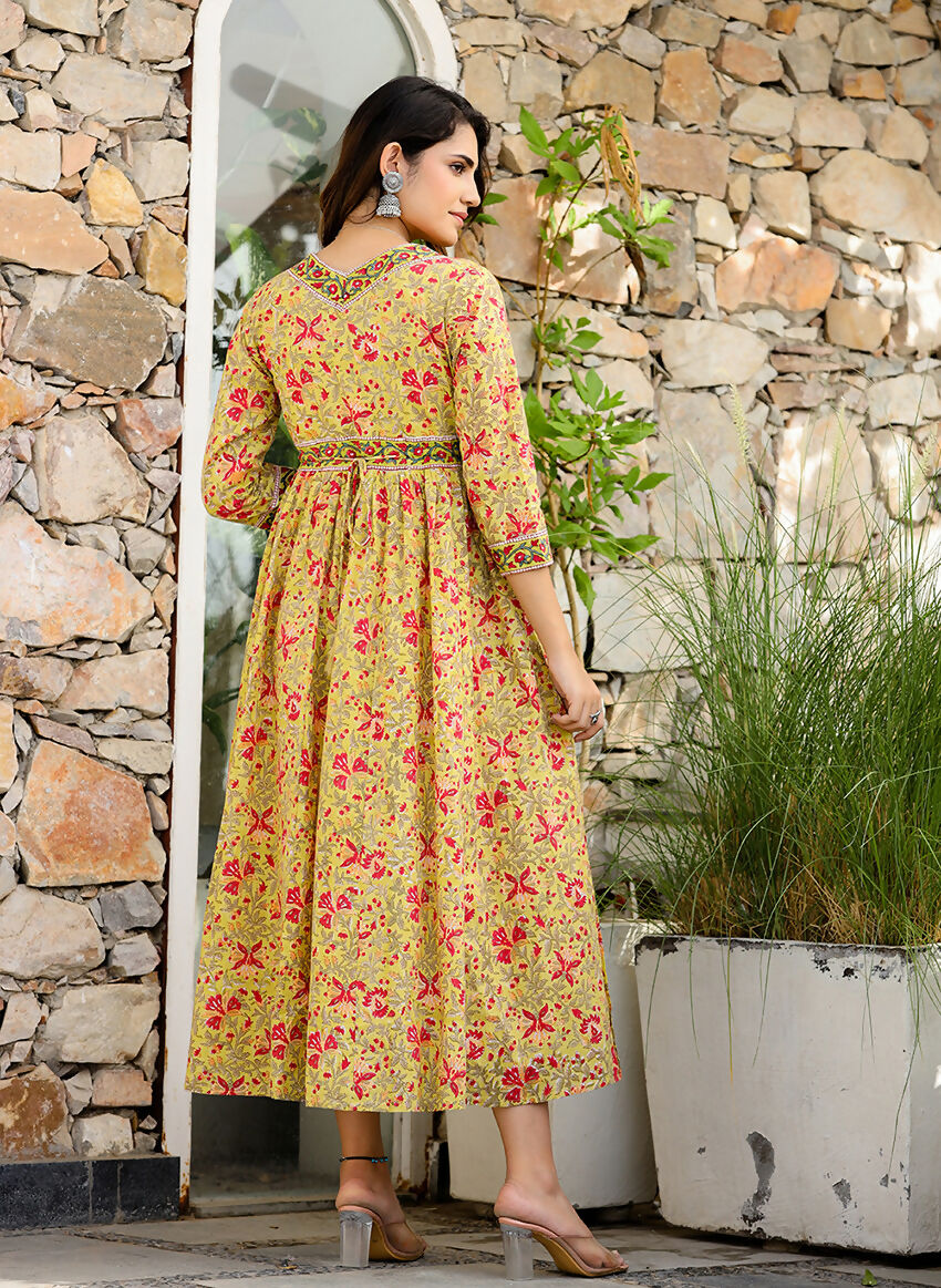 Kaajh Women's Mustard Printed Cotton Handblock Dress - Distacart