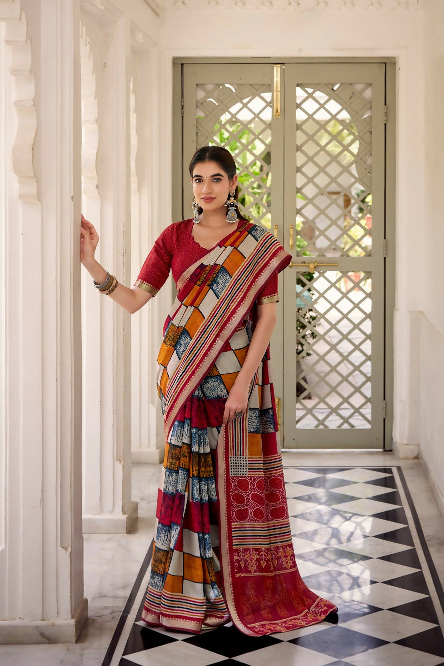 Vastranavya Maroon Viscose Chanderi Printed with Temple Border Saree & Unstitched Blouse - Distacart