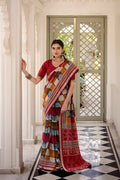 Vastranavya Maroon Viscose Chanderi Printed with Temple Border Saree & Unstitched Blouse - Distacart