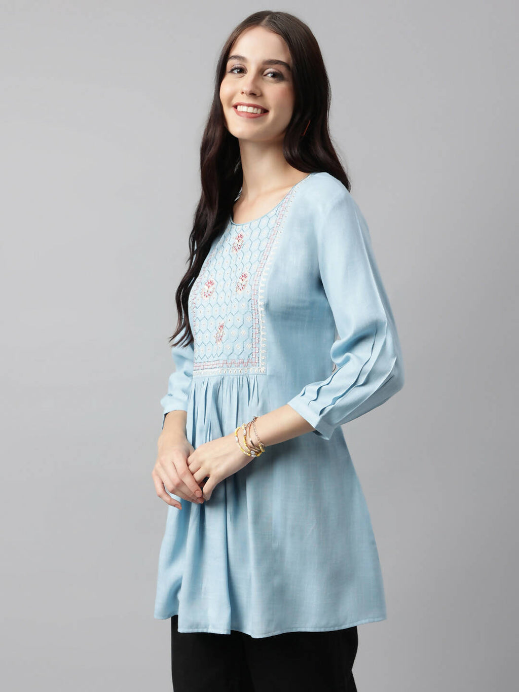 Light Blue Rayon Yoke Embroidered A-line Top - Tarini