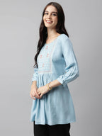 Light Blue Rayon Yoke Embroidered A-line Top - Tarini