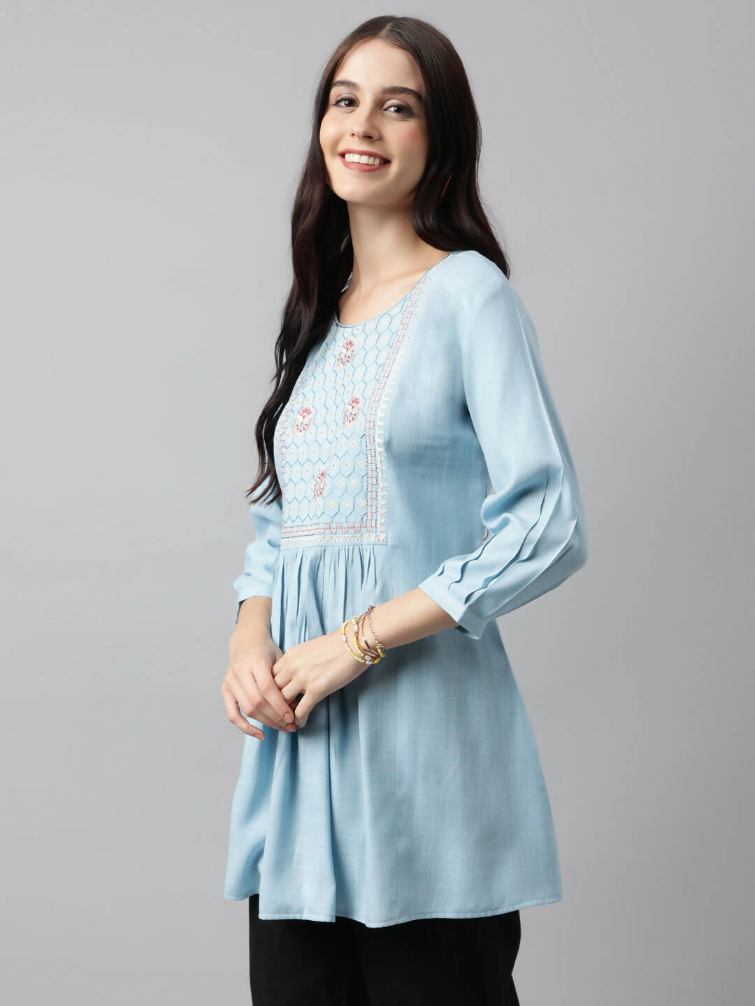 Light Blue Rayon Yoke Embroidered A-line Top - Tarini