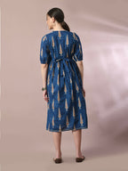 Myshka Women's Blue Printed Cotton V-Neck Empire Party Dress - Distacart