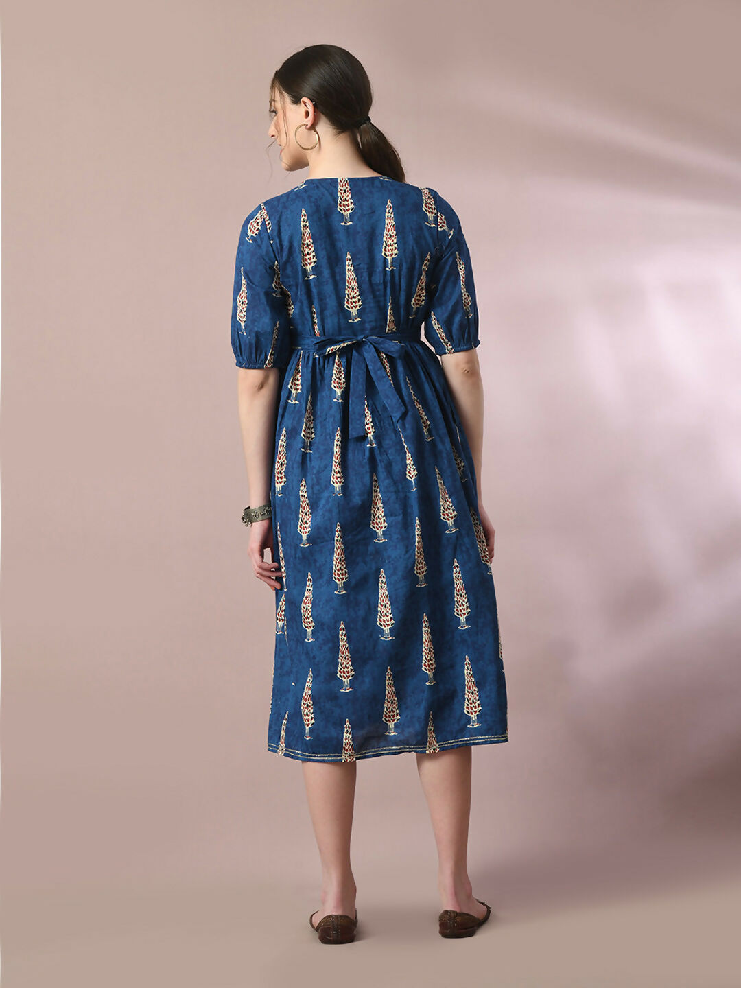 Myshka Women's Blue Printed Cotton V-Neck Empire Party Dress - Distacart