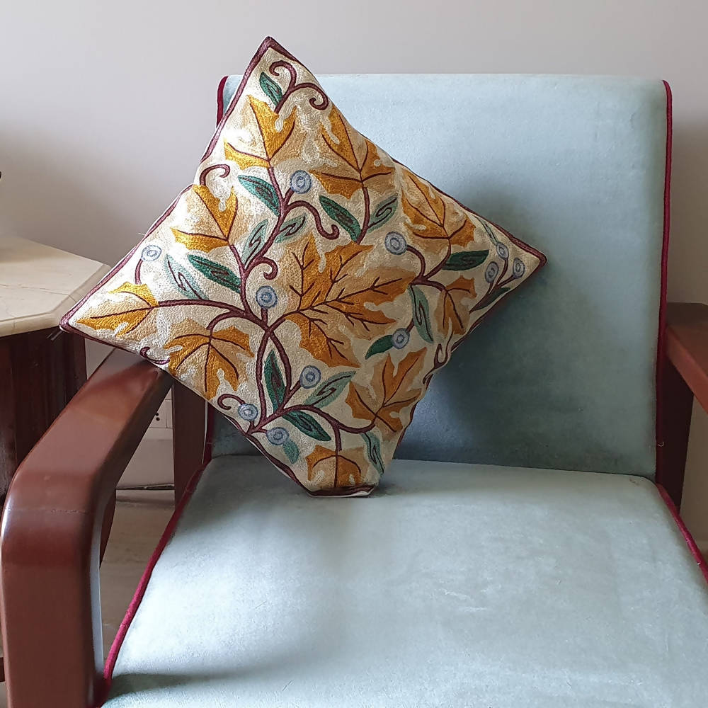 The Decor Nook Hand Embroidered Crewel Cushion Covers in Mustard & Chinar Leaf Motif with Off White Base
