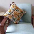 The Decor Nook Hand Embroidered Crewel Cushion Covers in Mustard & Chinar Leaf Motif with Off White Base