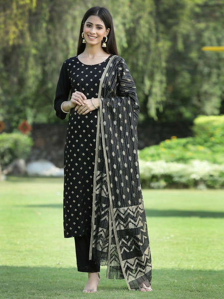 Juniper Women's Black Rayon Embellished Straight Kurta Sets