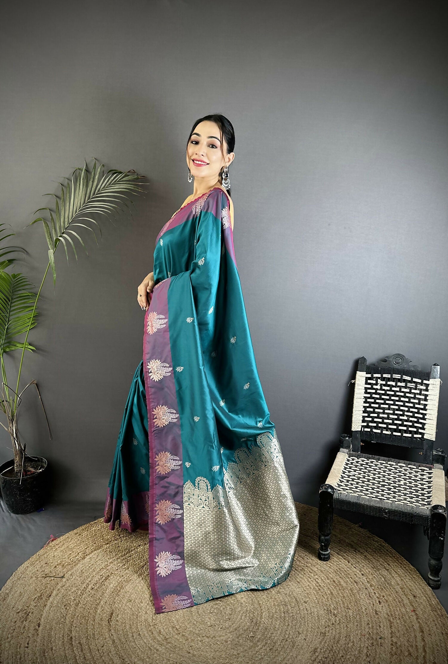Joban Fashion Teal Small Butti Soft Silk Banarasi Saree - Distacart