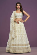 Zari Sequene Embroidery Wok Georgette White Lehenga Choli - Jihu Culture