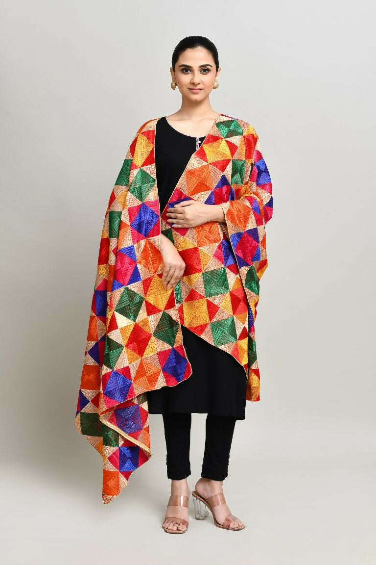 Joban Fashion Multi Color Cotton Embroidery Work Phulkari Dupatta