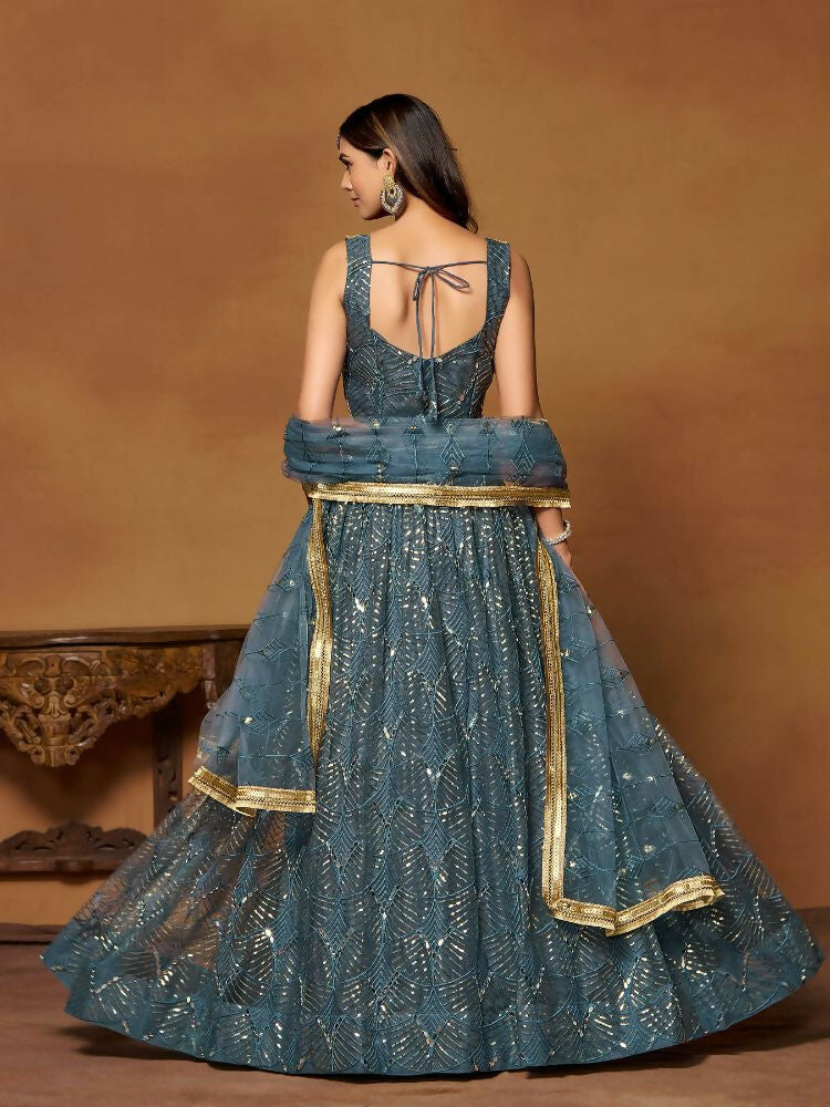 Blue Butterfly Soft Net Embroidery With Real Mirror Work Lehenga Choli - Jihu Culture