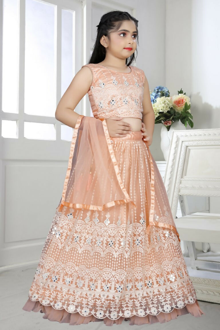 Wedding Designer Peach Net Kidswear Lehenga - Aaradhna