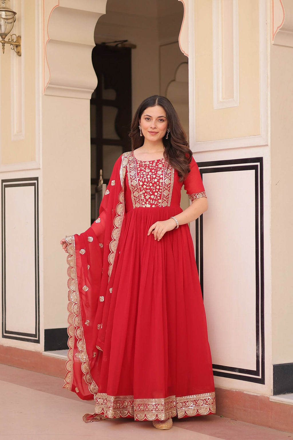 Joban Fashion Red Georgette Sequence Embroidery Work Kurta Set - Distacart