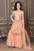 Kids Wedding Designer Peach Pure Finest Soft Net Sharara Suit - Aaradhna