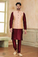 Raivat Ethnic Jacquard Banarasi Silk Woven Work 3 Pics Jacket Set In Beige Maroon Colour - Distacart