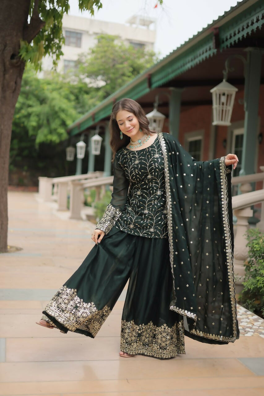 Vastranavya Premium Designer Heavy Sequins & Thread Embroidered work Kurti Palazzo & Dupatta - Mehendi