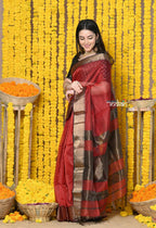 Very Much Indian Rajsi - Handloom Ari Checks Cotton Silk Saree With Golden Border - Maroon
