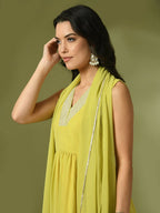 Myshka Women's Yellow Solid Georgette Anarkali Party Kurta Set With Dupatta