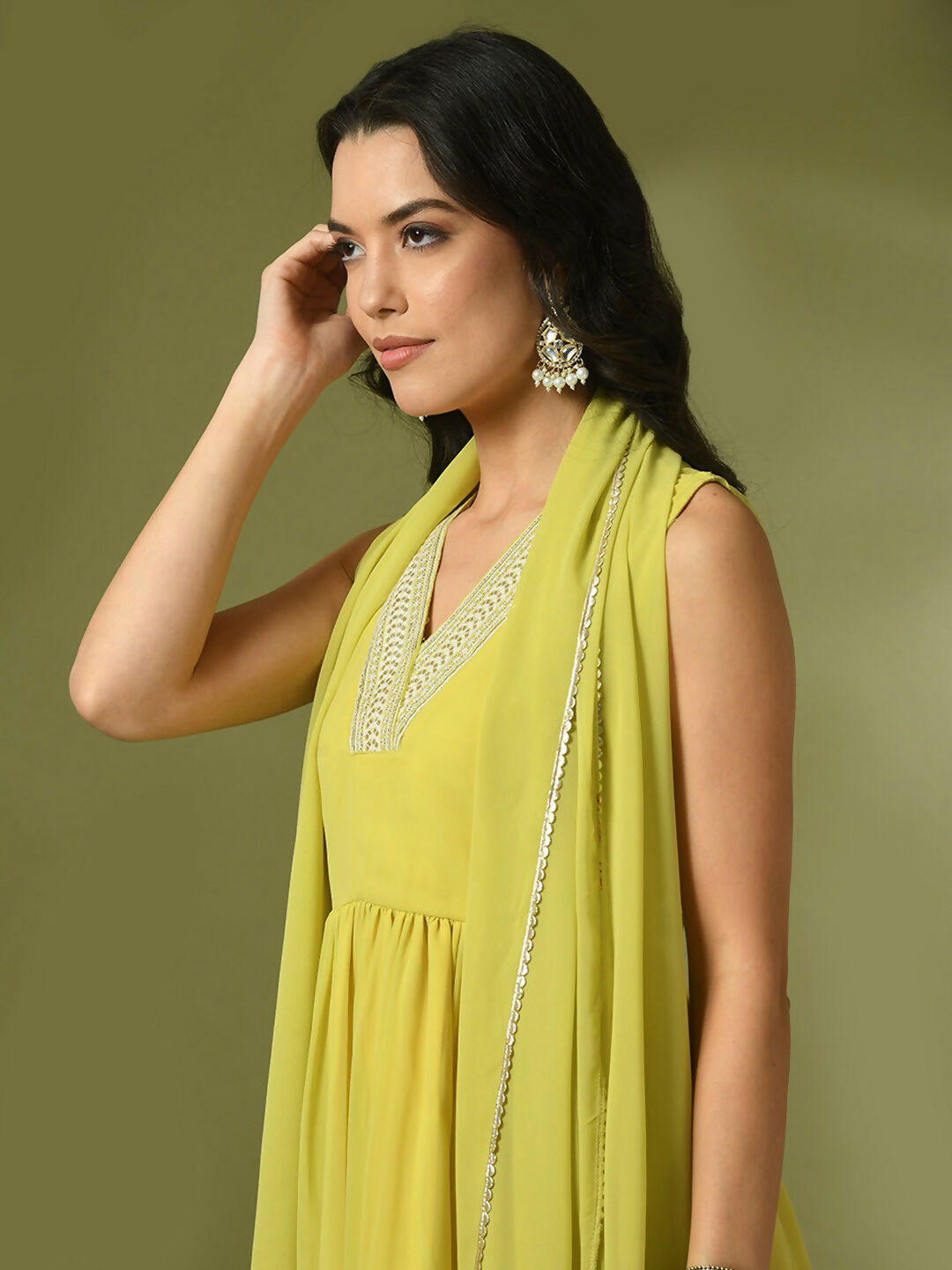 Myshka Women's Yellow Solid Georgette Anarkali Party Kurta Set With Dupatta