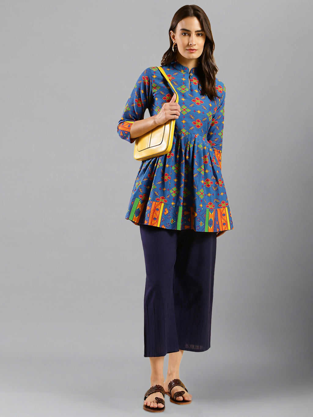 Women Blue & Green Pure Cotton Abstract Print Aline Top - Bosky