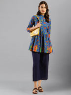 Women Blue & Green Pure Cotton Abstract Print Aline Top - Bosky