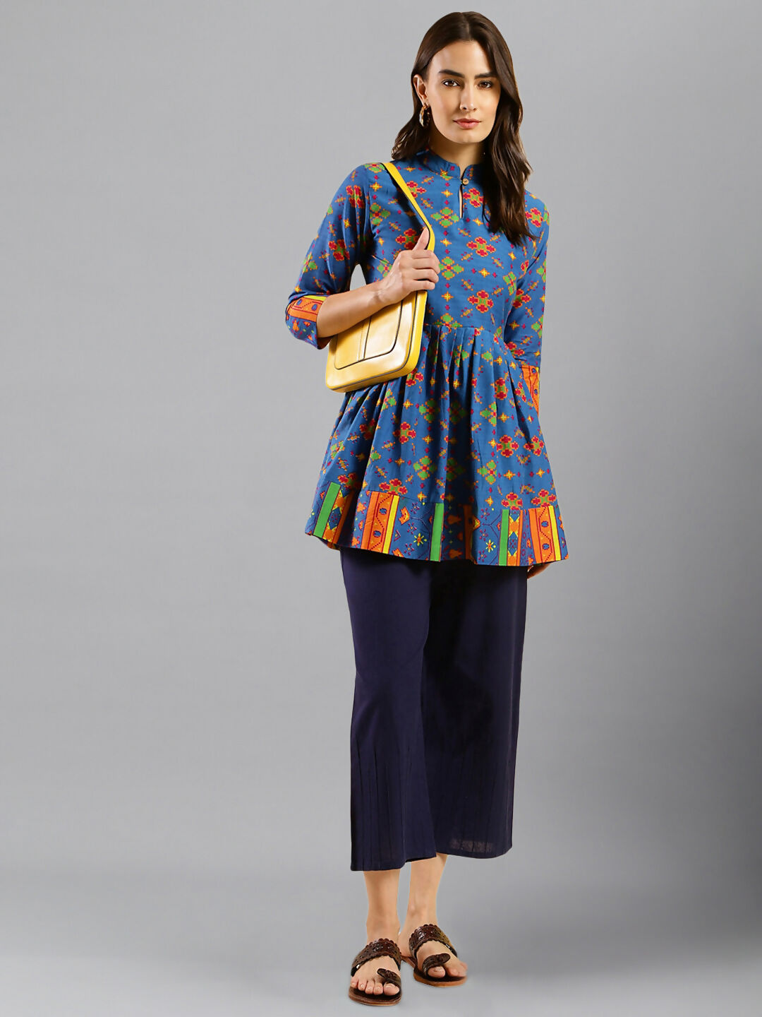 Women Blue & Green Pure Cotton Abstract Print Aline Top - Bosky