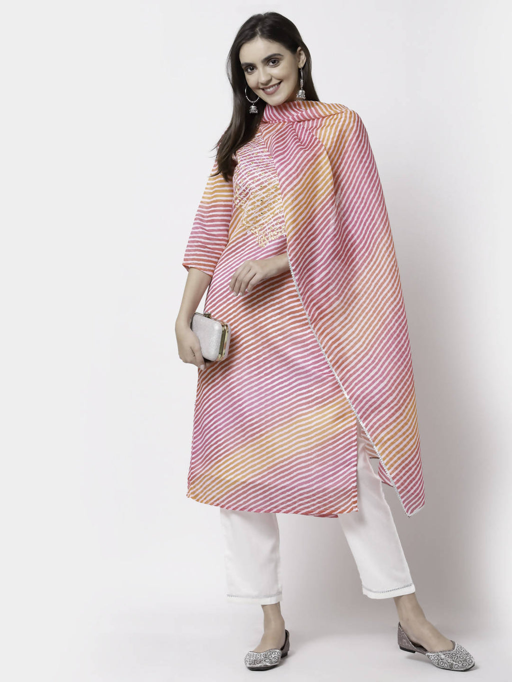 Myshka Pink Pure Cotton Printed 3/4 Sleeve Round Neck Kurta Pant Dupatta Set