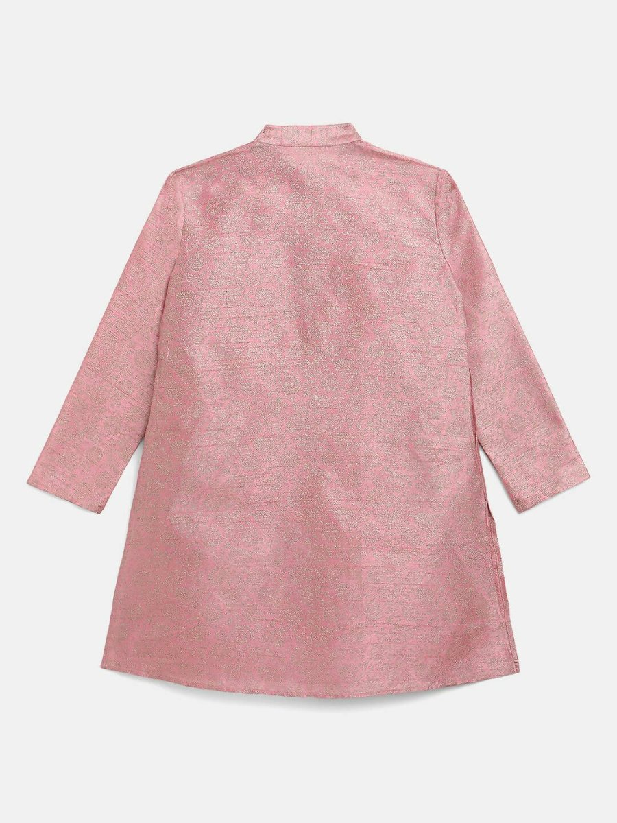Ahalyaa Rose Gold Poly Silk Gold Print Kids Kurta Churidar Set For Boys