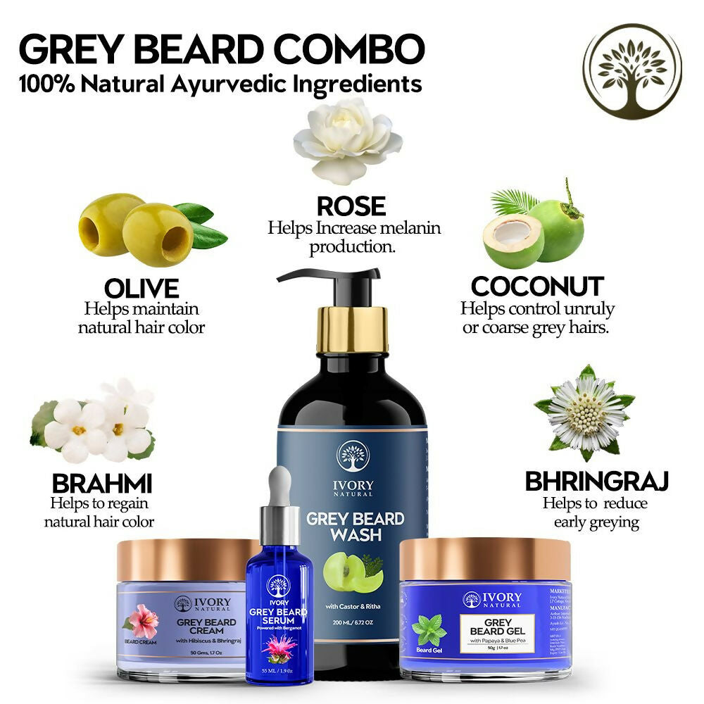 Ivory Natural Grey Beard Combo (Serum, Cream, Wash & Gel) Restore Your Silver Beard To Natural Color - Distacart