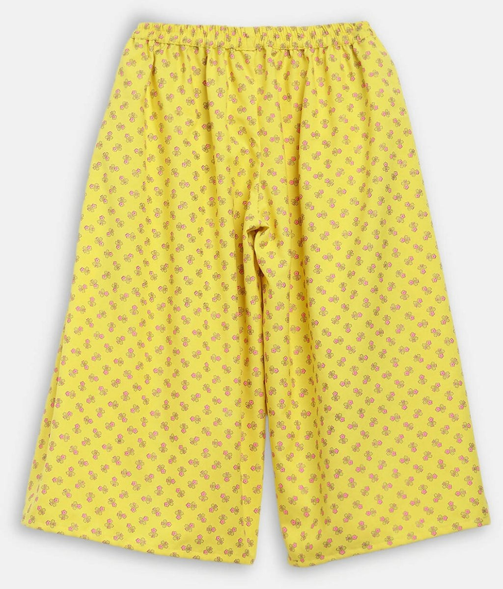 Ahalyaa Yellow Viscose Rayon Printed Kids Top & Palazzo Sets With Jacket For Girls