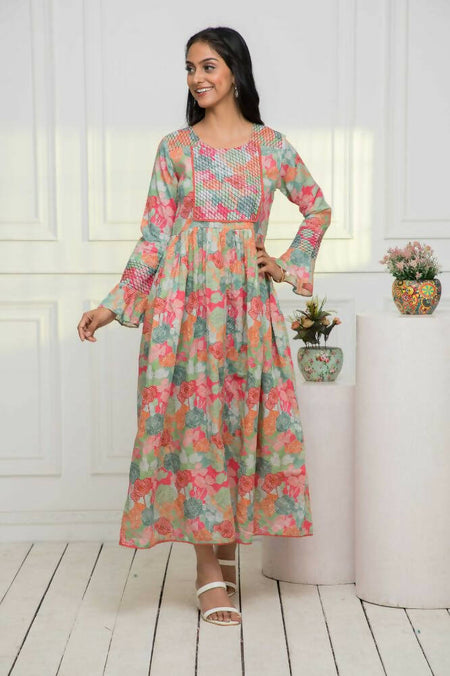 Myshka Women Multi Floral Rayon A-Line Round Neck Dress