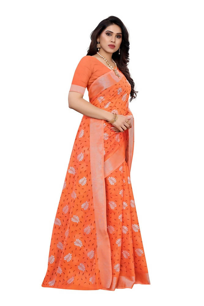 Vamika Orange Color Linen Zari Border Saree