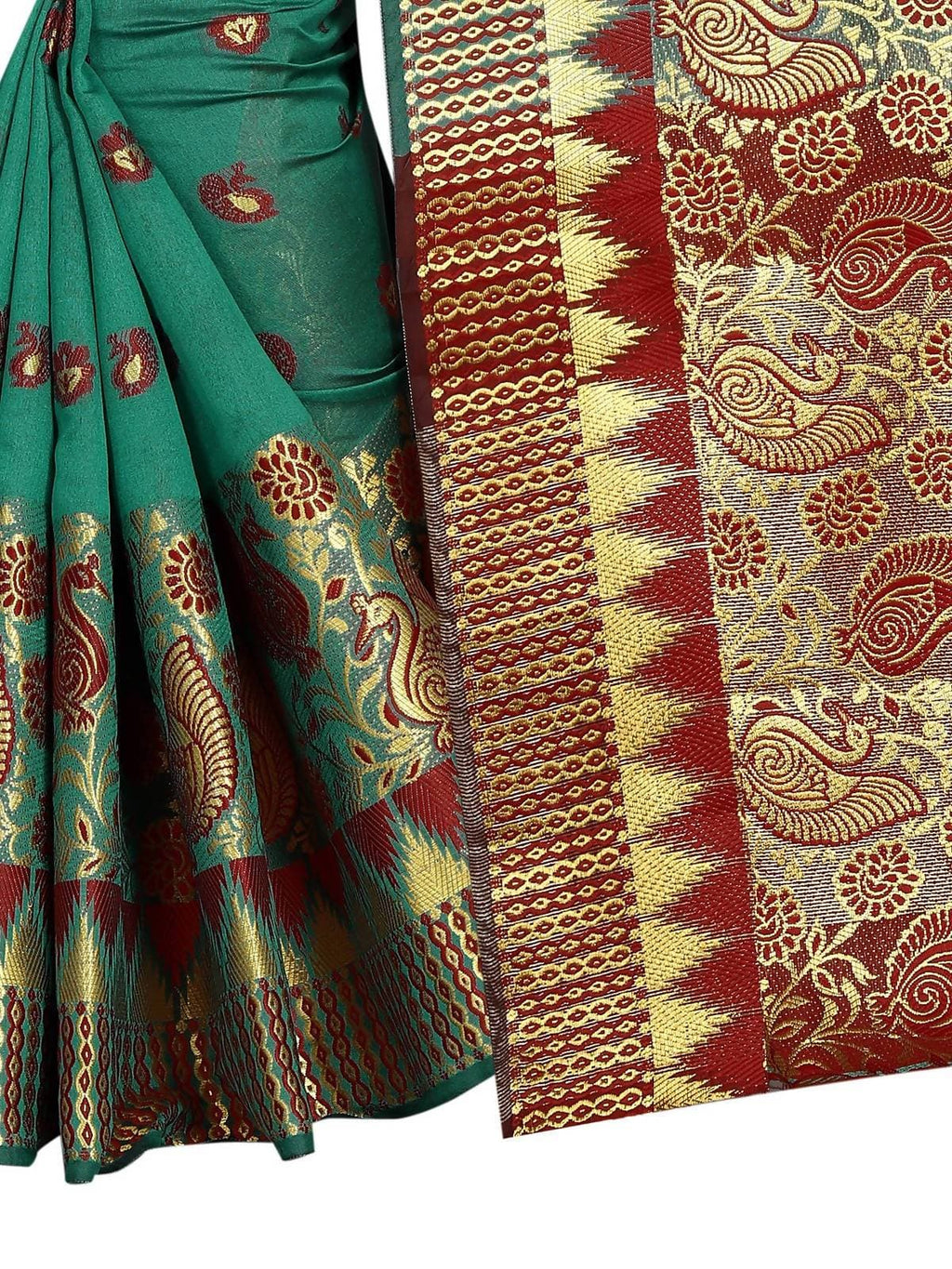 Vamika Banarasi Jaquard Rama Green & Red Weaving Saree
