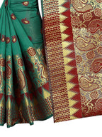 Vamika Banarasi Jaquard Rama Green & Red Weaving Saree