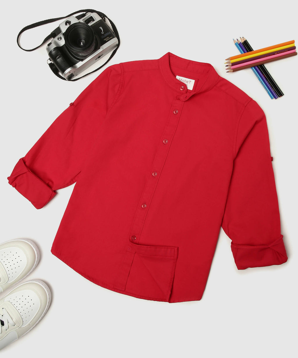 Manet Boys Mandarin Collar Full Sleeves Melange Shirt - Red