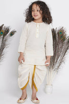 Little Bansi Banarsi Silk Blue Floral Embroidery Jacket With Cotton Kantha kurta And Kantha Dhoti - Cream