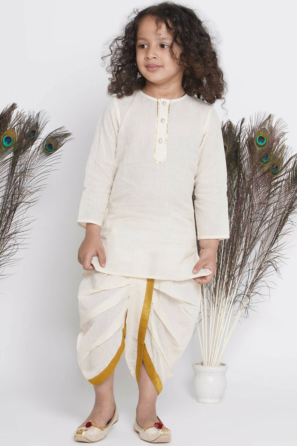 Little Bansi Banarsi Silk Blue Floral Embroidery Jacket With Cotton Kantha kurta And Kantha Dhoti - Cream