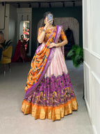 Vastranavya Kalamkari Print With Weaving Border Lehenga with Unstitched Blouse - Purple