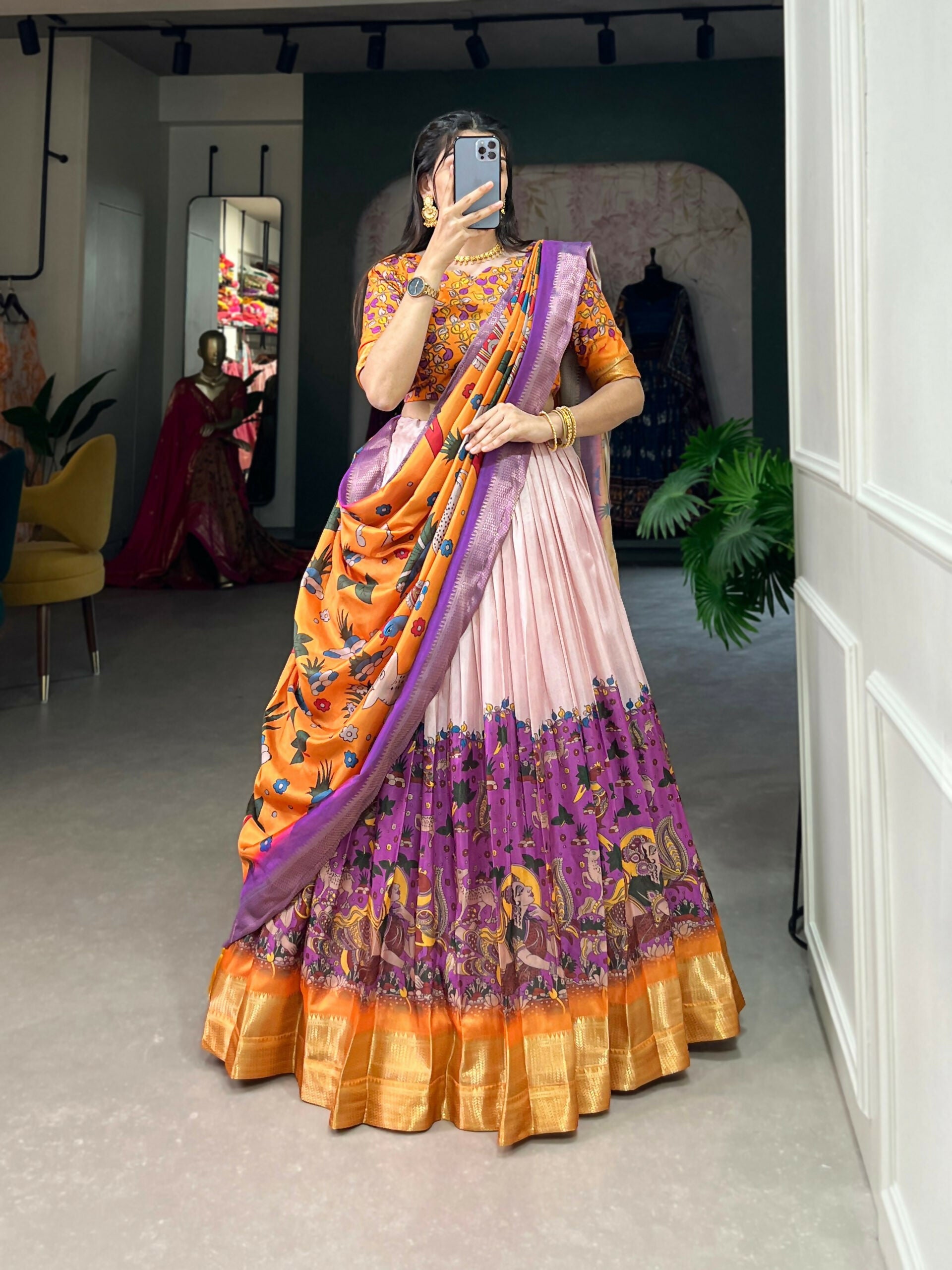 Vastranavya Kalamkari Print With Weaving Border Lehenga with Unstitched Blouse - Purple