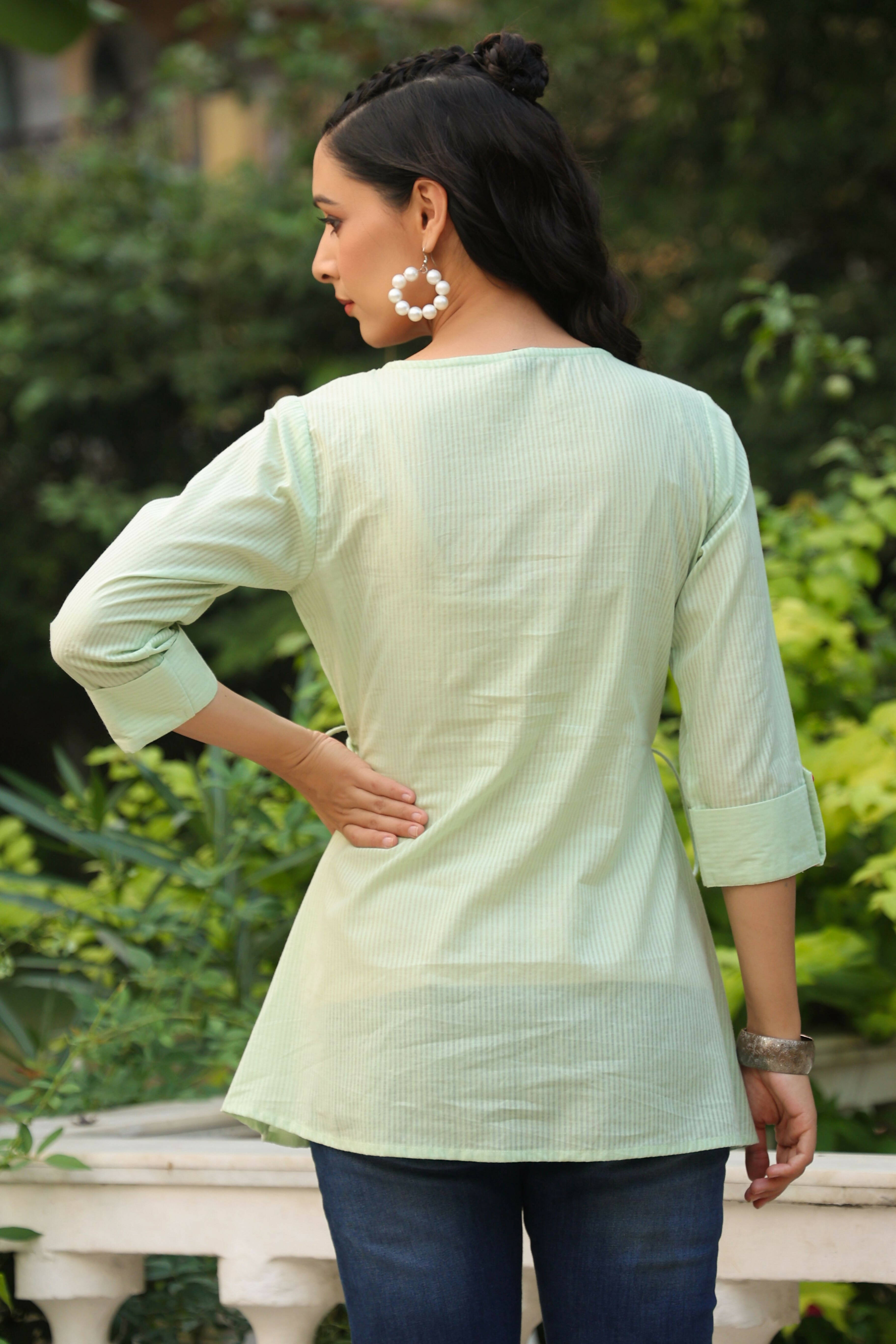 Juniper Women's Green Cotton Dobby Solid Embroidered Straight Tunic - Distacart