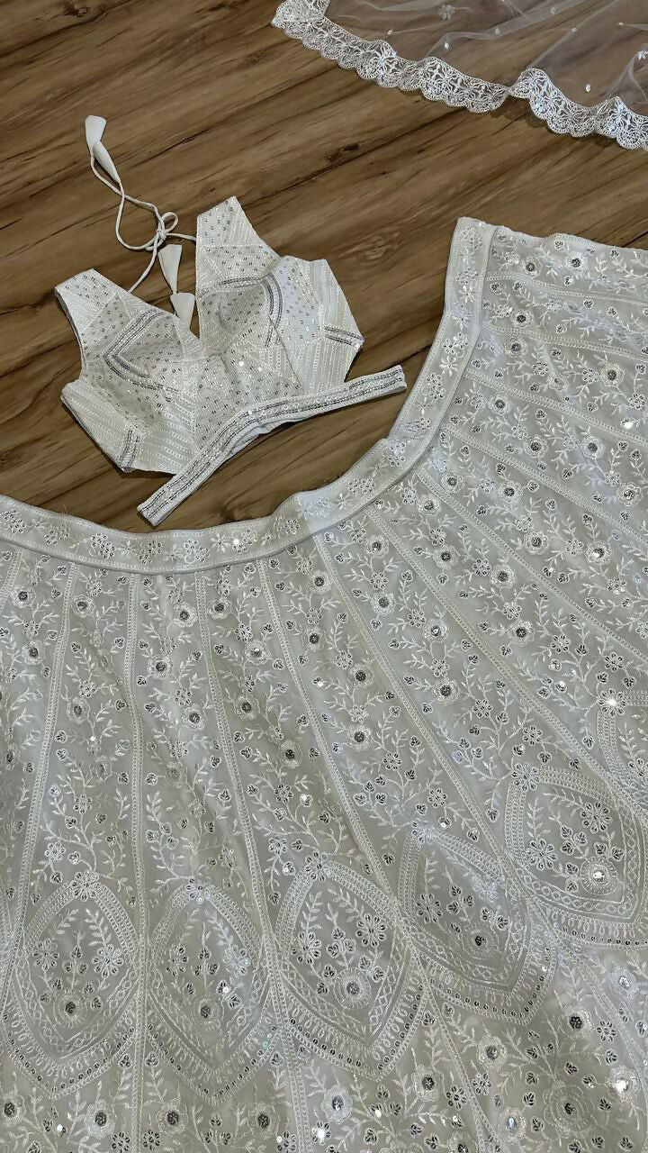 Jyoti Fashion Women's Off White Georgette Codding Thread with Sequins Embroidered Designer Lehenga Choli Set